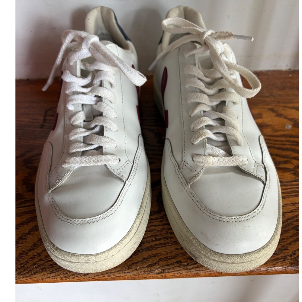 Veja V-12 Leather Sneakers White Marsala Cypris Burgundy Navy Womens 9 EU 40 - Picture 2 of 6